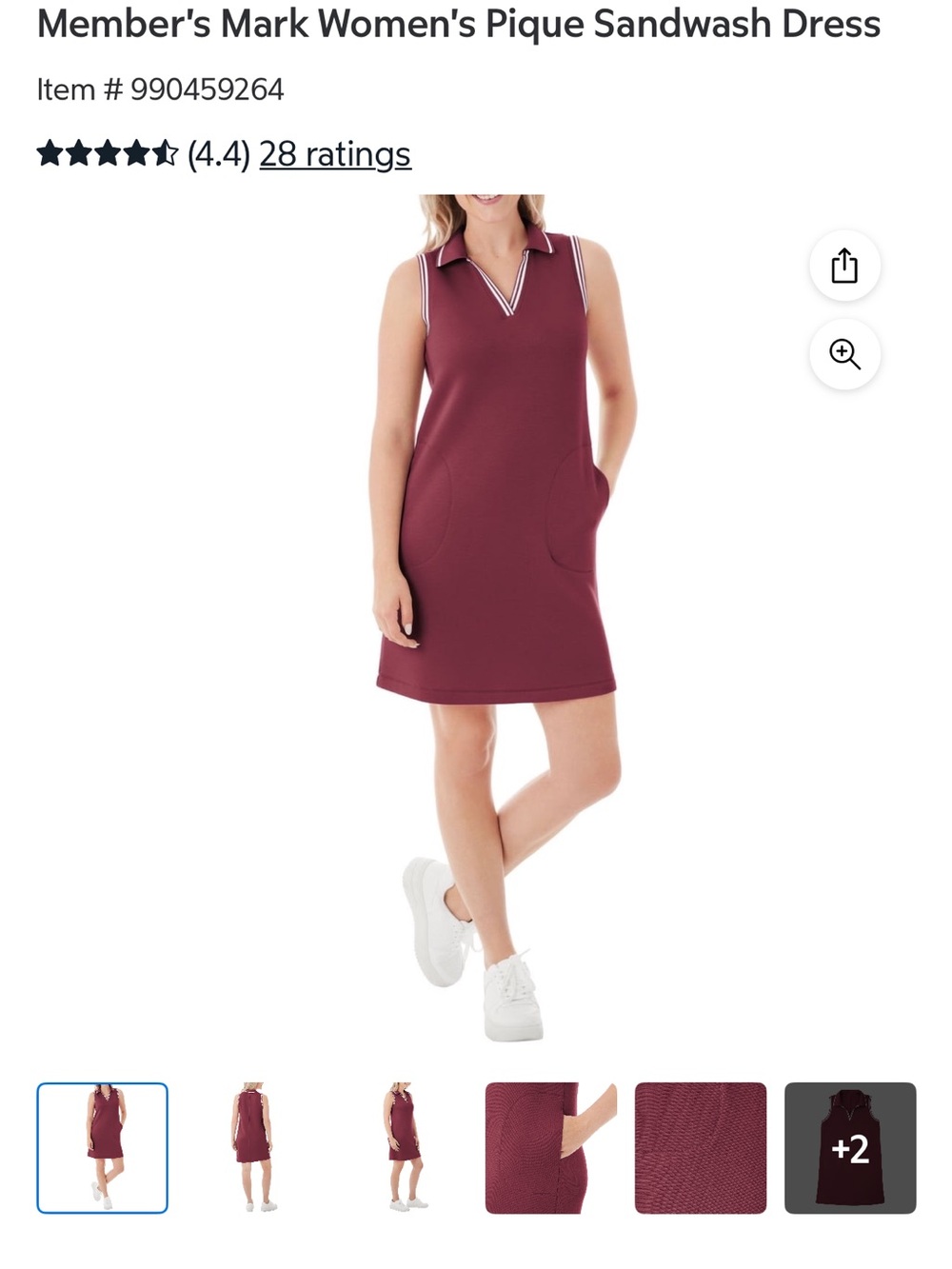 Member's Mark Women's Sleeveless Pique Sandwash Mini Dress in Burgundy